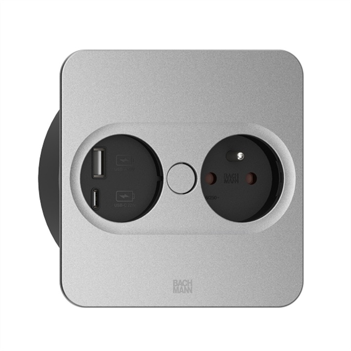 Priza, Bachmann, TWIST 2, 1xUTE, 1xUSB, A/C 22W, 0.2m, Argintiu