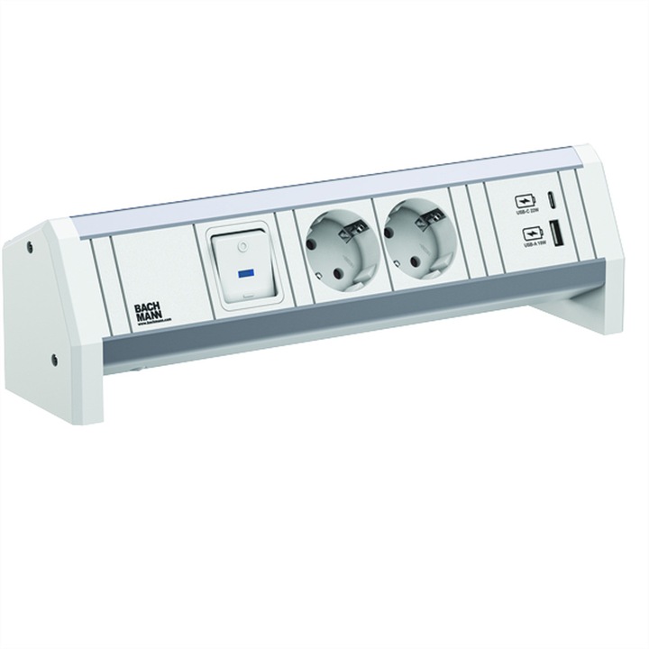 Priza, BACHMANN, 2xCEE7/3 1xSwitch 1xUSB A/C 22W GST18 RAL9010, Alb