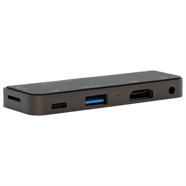 Мини докинг станция 5 в 1, ExSys, USB-C, HDMI 4K, 87W, Черен
