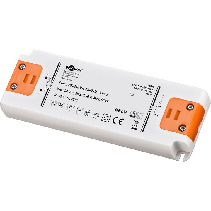 Transformator LED, Goobay, Metal, Compact, 50W, 24V, Alb/Portocaliu