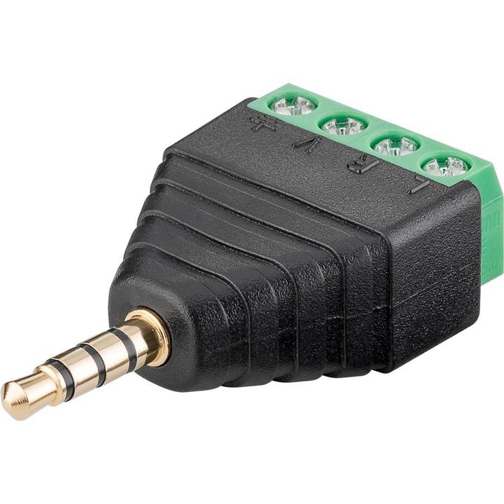 Cablu conector bloc terminal, Aluminiu/Metal, Cu 4 pini, Mufa jack, Stereo, 3.5 mm, Negru/Verde