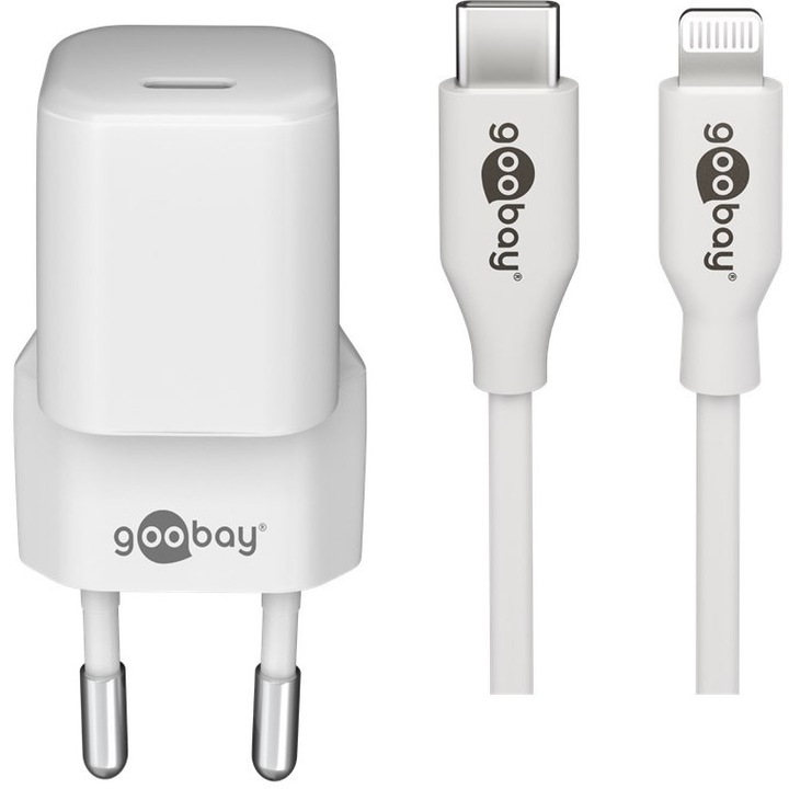 Telefontöltő, Goobay, USB-C/Lightning, iPhone és iPad kompatibilis, gyorstöltés, 20 W, fehér