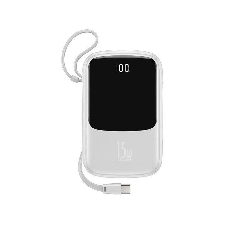 Powerbank cu cablu USB-C integrat, 10000mAh, 15W, alb, 105x67x25mm