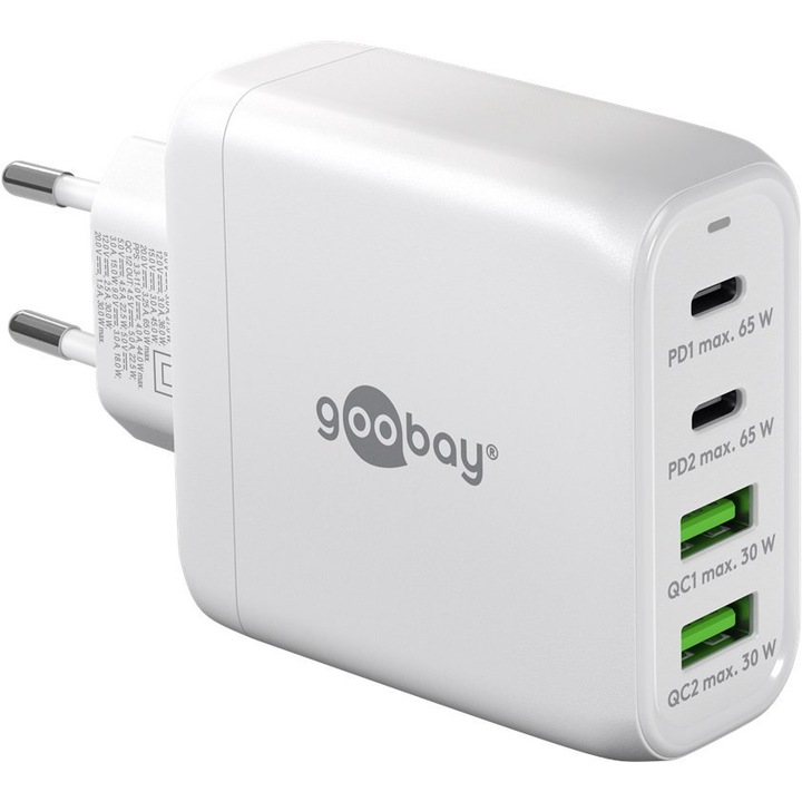 Többportos gyorstöltő, Goobay, USB-C PD, 68W, 4 port, fehér