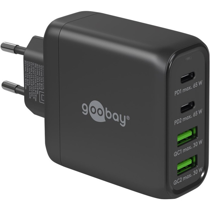 Многопортово бързо зарядно устройство, Goobay, USB-C, 68W, съвместимо с Apple/Samsung/Xiaomi, черно