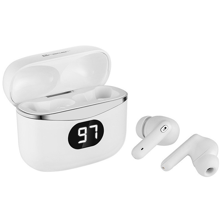 Vezeték nélküli fejhallgató, Tracer T5 TWS, Bluetooth 5.2, érintésvezérlés, beépített mikrofon, fehér