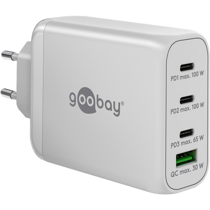 Goobay USB-C PD 100 wattos többportos gyorstöltő (fehér, 1x USB-A QC, 3x USB-C PD, GaN technológia)