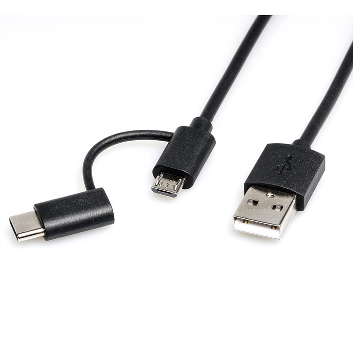 Adatkábel, Roline, USB 2.0, 2 az 1-ben, Micro B/USB-C, 1 m, Fekete