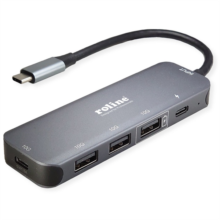 Хъб USB 3.2 Gen 2 Roline, 4 порта, 10 Gbit/s, USB-C Power Delivery 100W, черен
