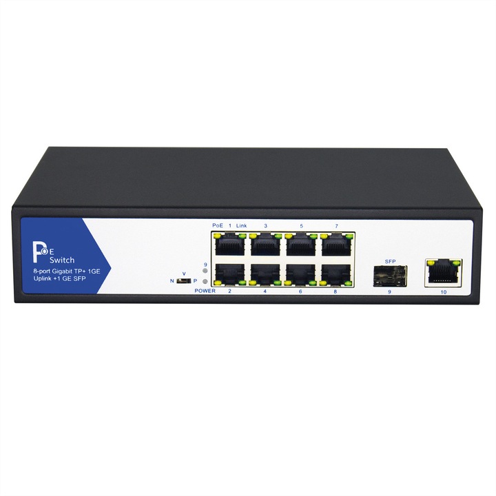 Switch PoE+ Gigabit Ethernet Value, 8 porturi, 1 uplink GbE, 1 uplink SFP, metalic