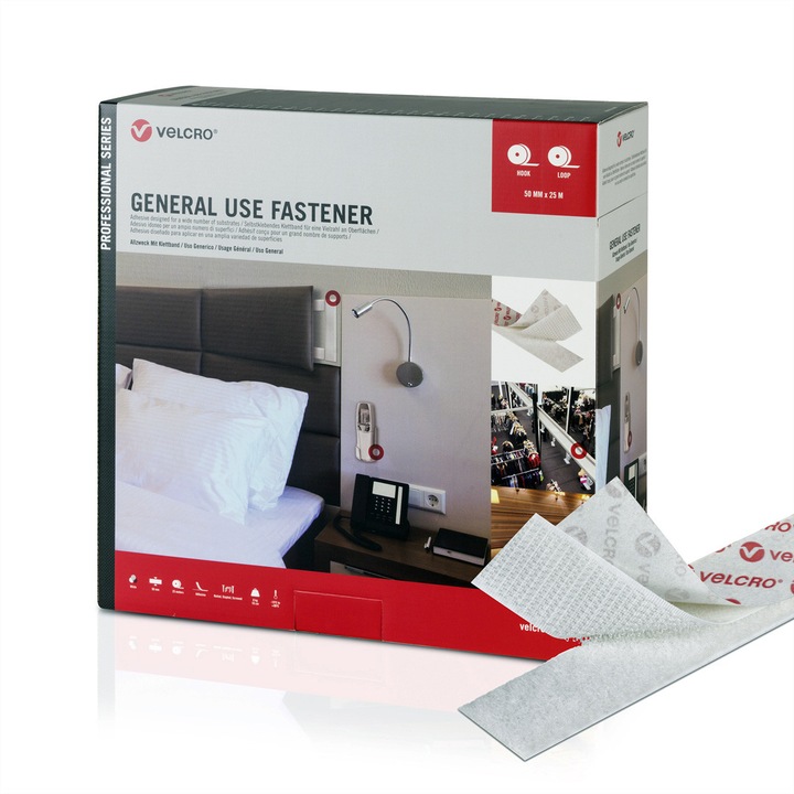 Banda adeziva VELCRO, 25m, 50mm, alb, poliamid