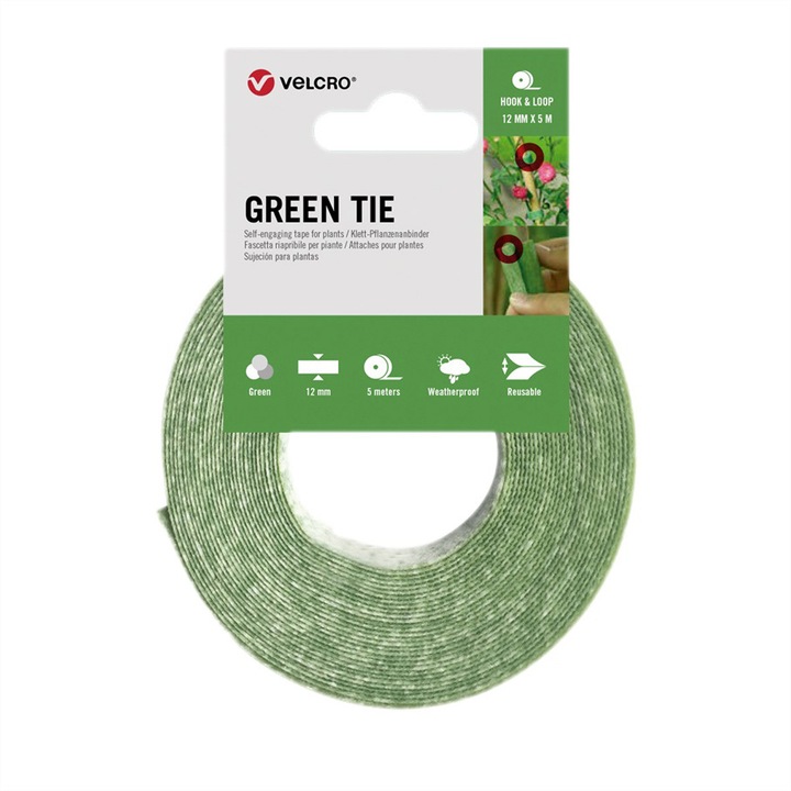 Legaturi pentru plante, Velcro, Polipropilena, 12 mm x 5 m, Verde