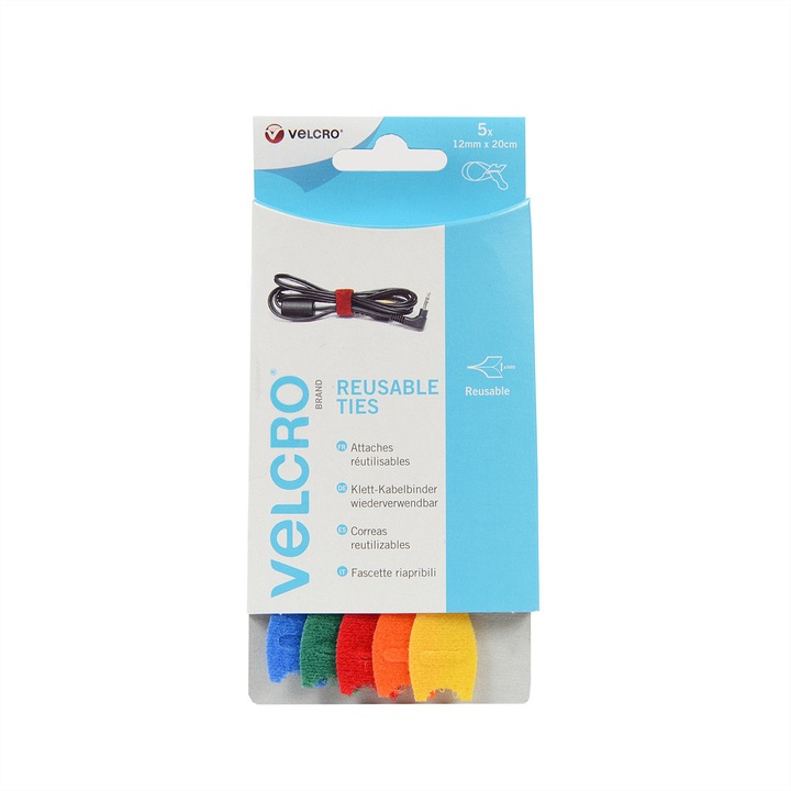 Set 5 benzi organizare cabluri, VELCRO, Polipropilena, 12mm x 20cm, Multicolor