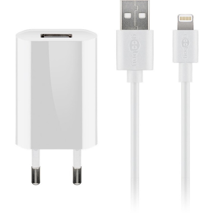 Hálózati töltő, Goobay, Apple kompatibilis, Lightning, 1 m, Fehér, 100-240V