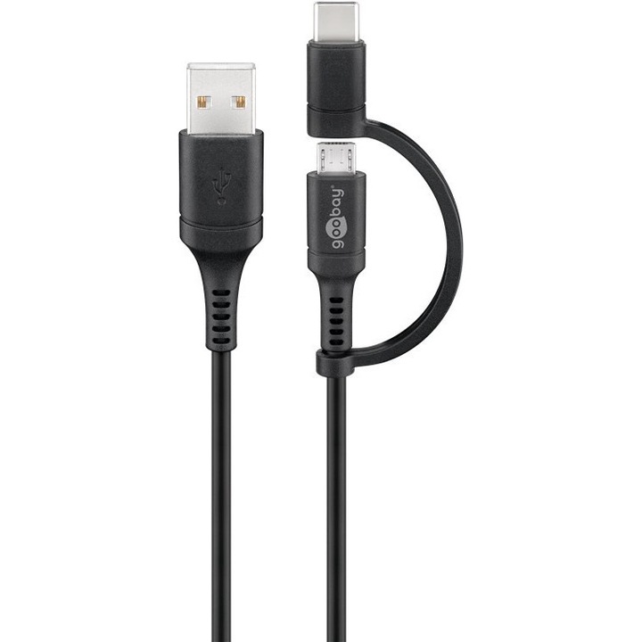 Adat- és töltőkábel 2 az 1-ben, USB Micro-B - USB-C, gyors átvitel, 1 méter