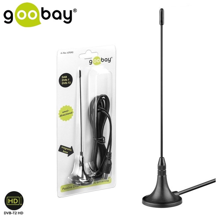Пасивна DVB-T мини магнитна антена Goobay за приемане на аналогови и цифрови телевизионни сигнали, черна
