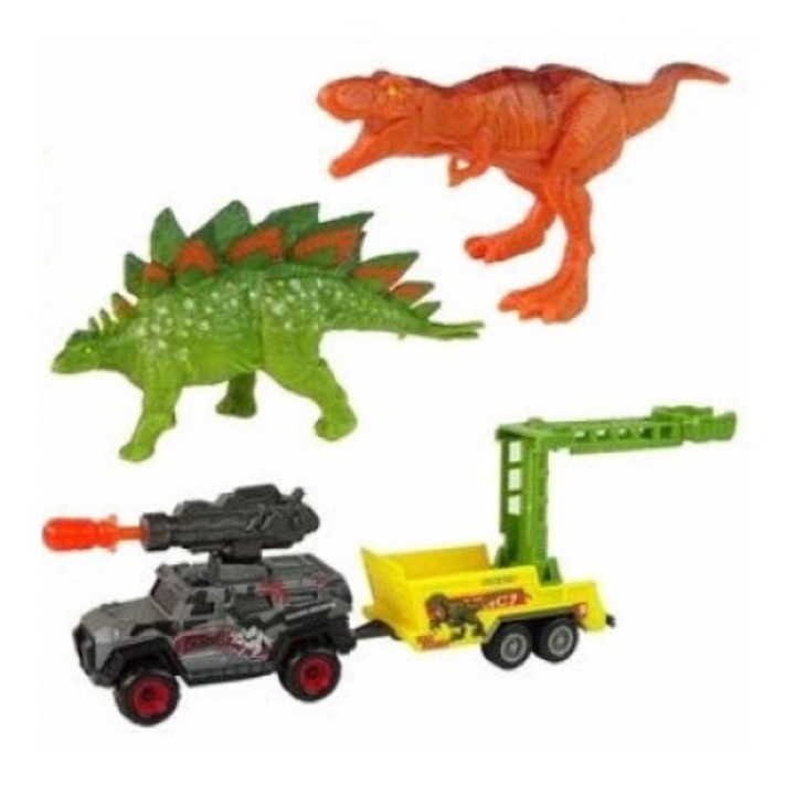 Set 2 dinozauri + masina cu racheta + remorca, Leantoys, 3 ani, multicolor