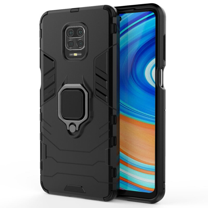 Husa de protectie compatibila cu Xiaomi Redmi Note 9S/Note 9 Pro/Note 9 Pro Max, Silicone Shield, inel magnetic, margini intarite, TPU, Negru