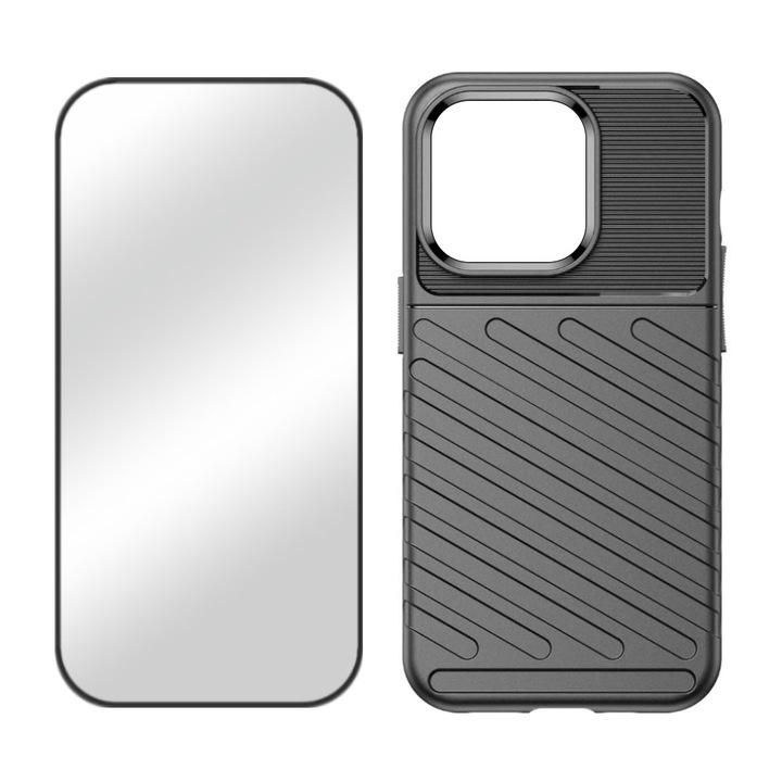 Комплект от 5D Secure Glass Foil и Shield Thunder Case за Samsung Galaxy M23, Anti-shock, Feel the Texture, Дисплей и заден капак, Устойчив на експлозия, Черни ръбове