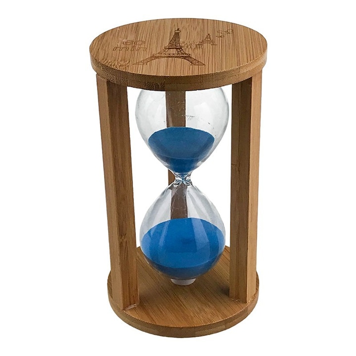 Clepsidra din lemn cu scris 60 de minute, 11x19 cm, maro-albastru