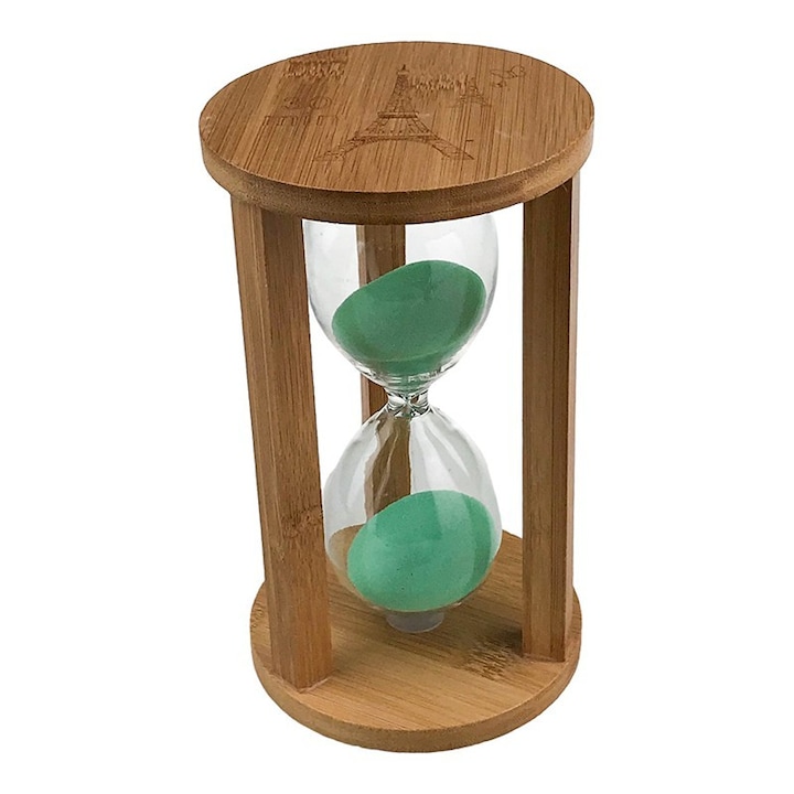 Clepsidra din lemn cu scris 30 de minute, 11x19 cm, maro-verde