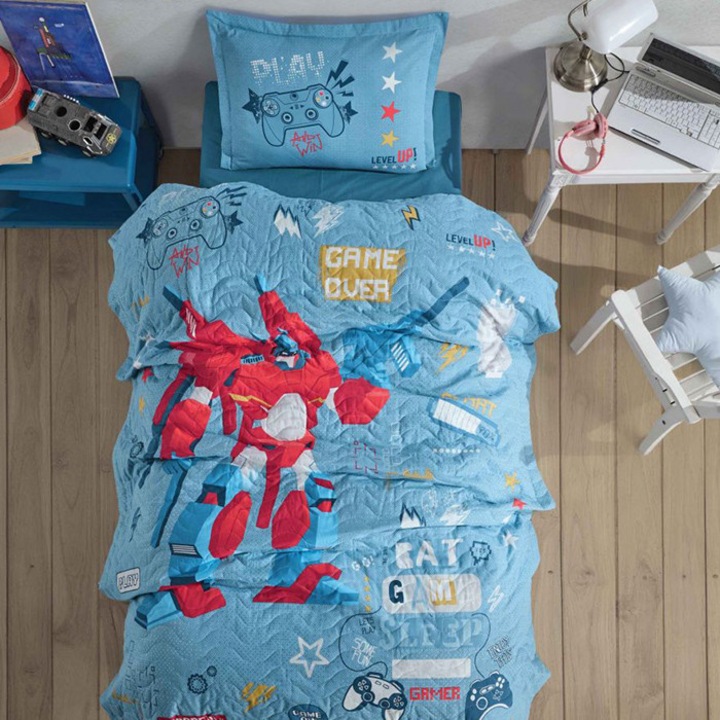 Спално бельо и одеяло за 1 човек, Classy, Game Over, синьо, 100% памук, 3 части