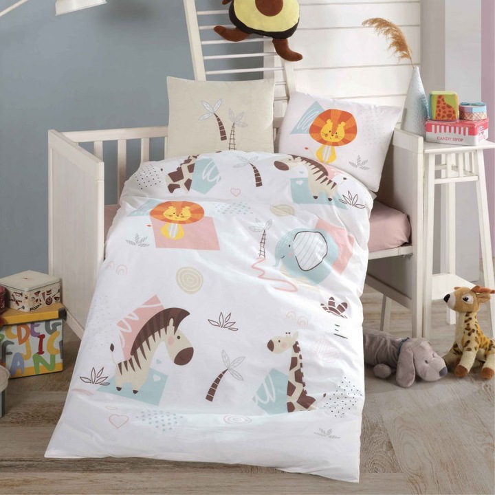 Спално бельо за 1 човек, Baby, Classy, Sweet Zoo, Бежово, Памук 100%, 4 части