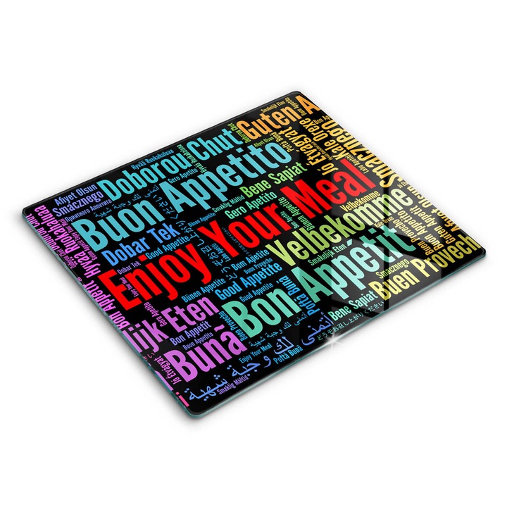 Dekoratív üveg, Wallfluent, Felirat mondatok Jó étvágyat nyelvek, Sokszínű, 60x52 cm