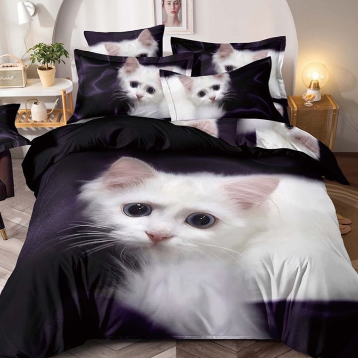 Спално бельо за 1 човек, спално бельо, с ластик 140x200, Бяла котка, Finet, 4 части