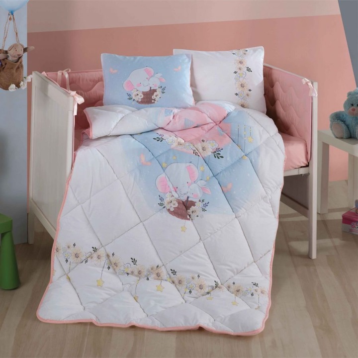 Спален комплект за 1 човек, Classy, Бебешко легло, Bambi, Пудра, Памук 100%, 6 части