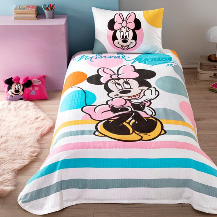 Комплект спално бельо и одеяла за 1 човек, TAC, Minnie Mouse Sweet, 100% памук, 3 части