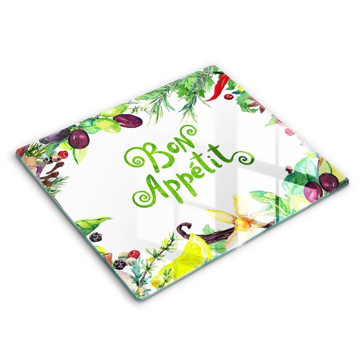 Dekoratív üveg, Wallfluent, Bon Appetit Felirat mondat, Zöld, 60x52 cm