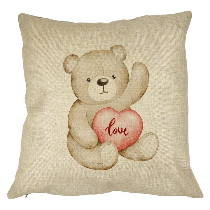 Dekoratív párna mackó szívvel, Valentin napi modell, 40x40 cm, levehető huzat