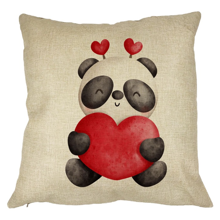 Dekoratív párna Panda maci szívvel, Valentin-napi mintával, 40x40 cm, Levehető huzat, Fújtató