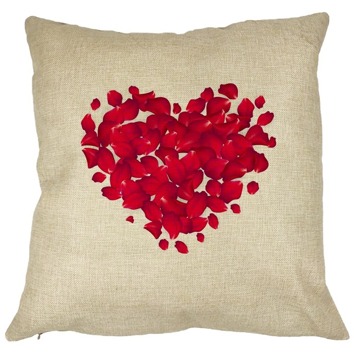 Dekoratív párna szívvel, Valentin-napi mintával, 40x40 cm, Levehető huzat, Fújtató