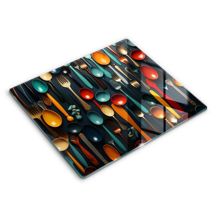 Dekoratív üveg, Wallfluent, Színes kanalak és villák, Sokszínű, 60x52 cm