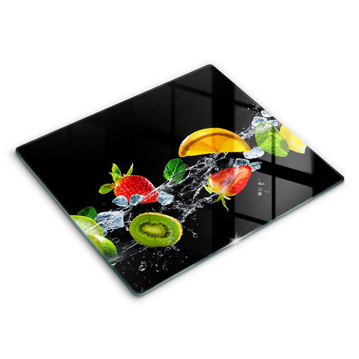 Placa sticla securizata, Wallfluent, protectie perete/plita/blat bucatarie, 60x52 cm, Fructe in apa, Multicolor, 010010530030000274875