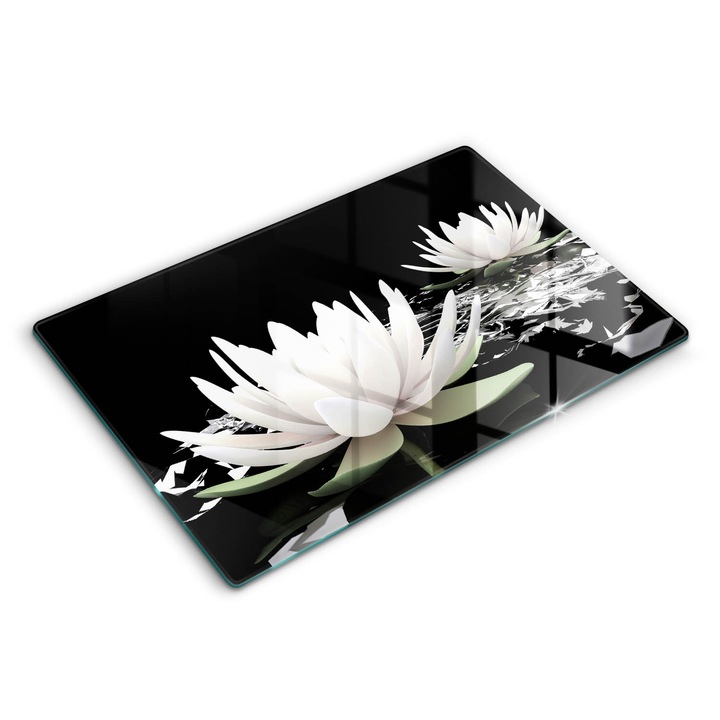 Placa sticla securizata, Wallfluent, protectie perete/plita/blat bucatarie, 80x52 cm, Crinii albi pe apa, Negru, 010010530040000000696