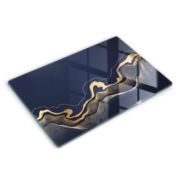 Dekoratív üveg, Wallfluent, Absztrakt arany vonalak, Sötétkék, 80x52 cm