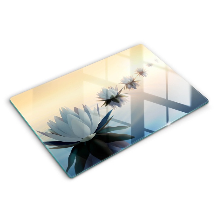 Placa sticla securizata, Wallfluent, protectie perete/plita/blat bucatarie, 80x52 cm, Flori de lilia pe apa, Galben, 010010530040000001826