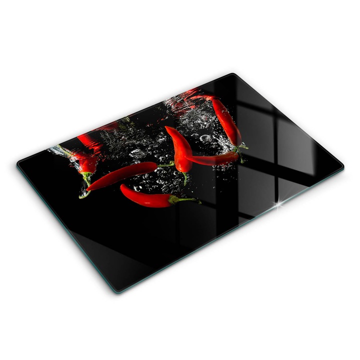 Placa sticla securizata, Wallfluent, protectie perete/plita/blat bucatarie, 80x52 cm, Ardei iute in apa, Negru, 010010530040000027286