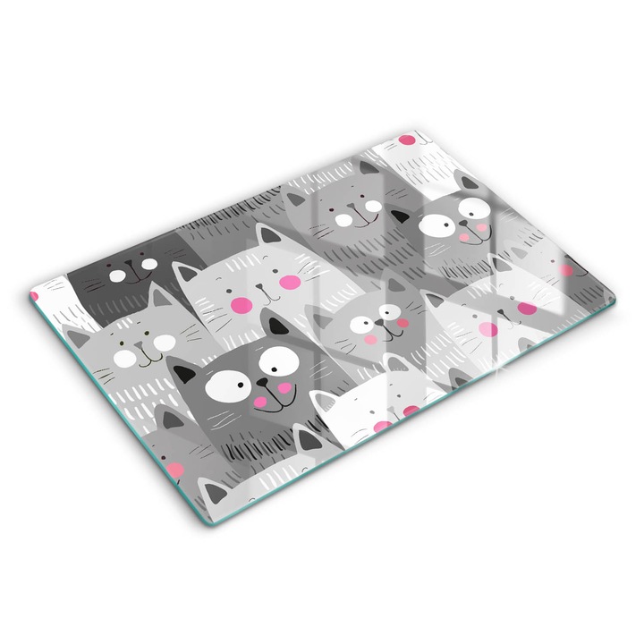 Dekoratív üveg, Wallfluent, Macskák illusztráció, Szürke, 80x52 cm