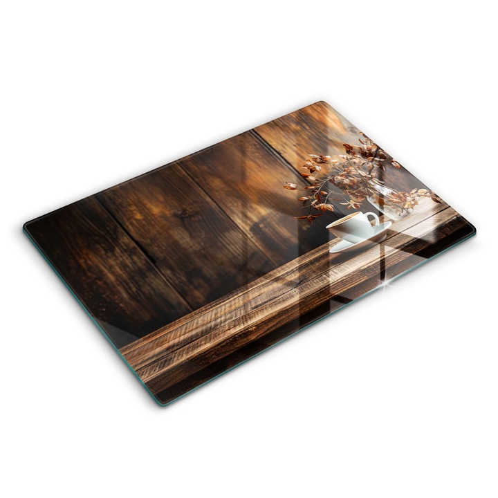 Dekoratív üveg, Wallfluent, Kávéscsésze és fa, Barna, 80x52 cm