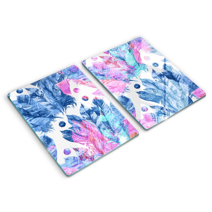 Dekoratív üveg, Wallfluent, Boho toll illusztráció, Kék, 2x40x52 cm