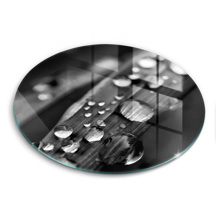 Tocatoare de bucatarie, Wallfluent, din sticla, Ø30 cm, Picaturi de roua pe frunze, Gri, 010010520070000077306