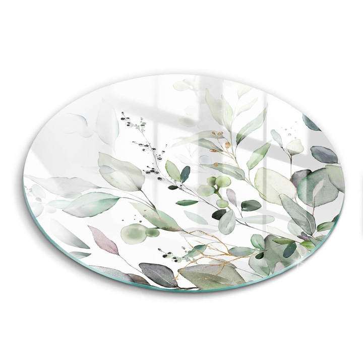 Tocatoare de bucatarie, Wallfluent, din sticla, Ø30 cm, Plante de acuarela, Verde, 010010520070000088421