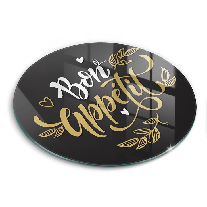 Tocatoare de bucatarie, Wallfluent, din sticla, Ø30 cm, Inscriptia bon apetit, Negru, 010010520070000274747