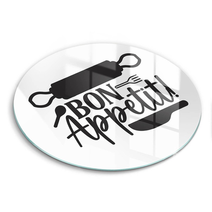 Tocatoare de bucatarie, Wallfluent, din sticla, Ø30 cm, Inscriptia bon apetit, alb negru, 010010520070000274748