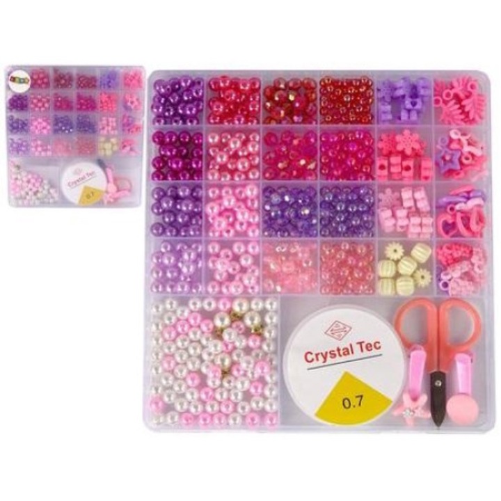 Set de creatie bijuterii, leantoys, 25 tipuri de margele roz, accesorii incluse, 19x20x3cm