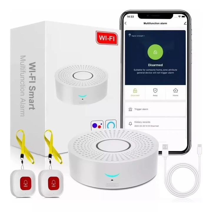 Sonerie Fara Fir Wireless, Buton de apelare pentru batrani si copii, Dytimeem, KU119, Alarma inteligenta WIFI, USB, sustine Tuya